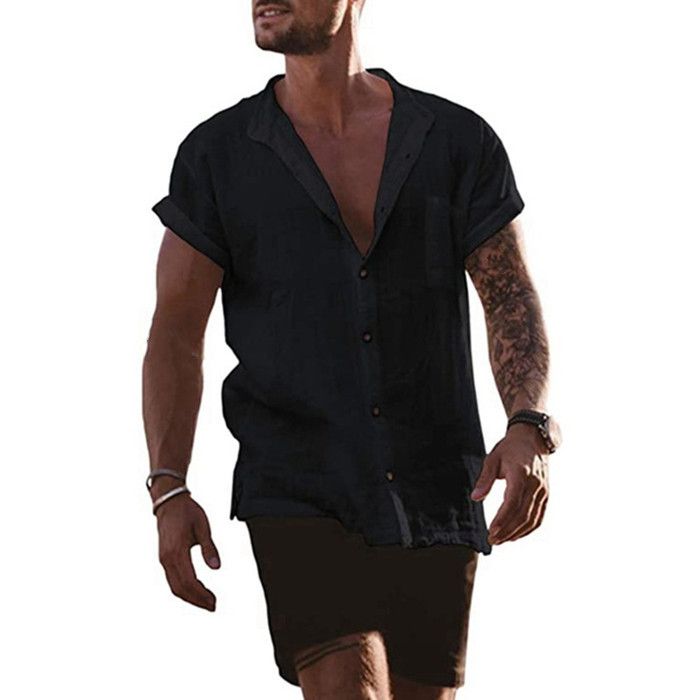 Men's Clothing Solid Color Cotton And Linen Cardigan Loose Short Sleeved Pocket Simple Casual Shirt_viptrois.com