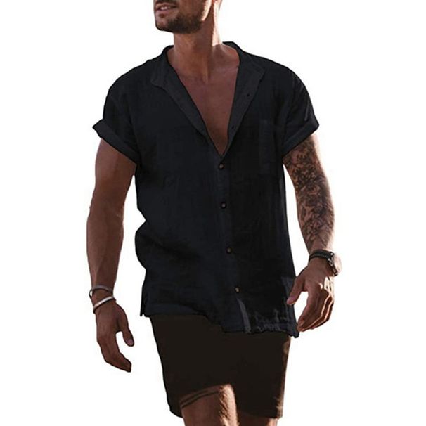 Men's Clothing Solid Color Cotton And Linen Cardigan Loose Short Sleeved Pocket Simple Casual Shirt_viptrois.com