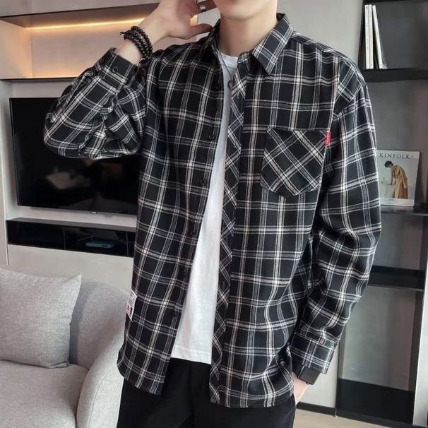 Trendy Plaid Shirt Men's Long Sleeved Loose Casual Jacket Teenagers Men's Top Trendy_viptrois.com