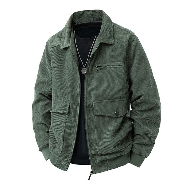 2026 Fashion Outerwear Men Polyester Lapel Pure Color Long Sleeve Casual Zipper Corduroy Jacket M-5XL_viptrois.com