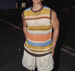 2025 Striped Color Block Loose Sleeveless Vest Knitted T-Shirt Summer Trendy High Street Niche Hollow Out_viptrois.com