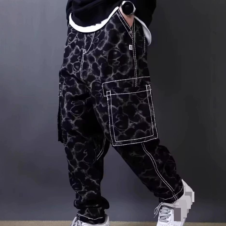 Men's Clothing Black Leopard Print Stitching Machine Exposed Seam Crotch Washed Men's Casual Pants Street Skateboard Hip Hop Tapered Jeans Heavy Trend_viptrois.com