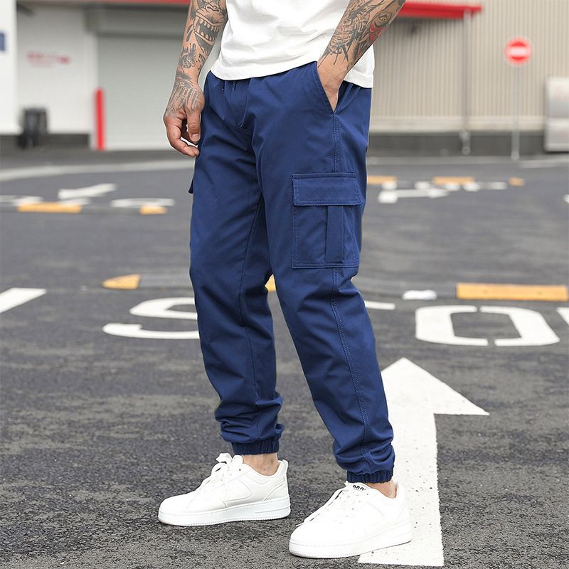 Men's Casual Cargo Pants With Drawstring Waist Multi-Pockets Lightweight Polyester Cotton Blend, Straight Leg Tactical Pants For Outdoor Work Travel_viptrois.com