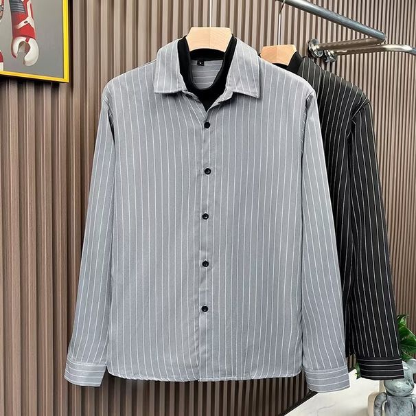Regular Teenage Loose Fit Men's Shirt With Collar, Long Sleeves, Trendy Stripes, And Three Quarter Sleeves_viptrois.com