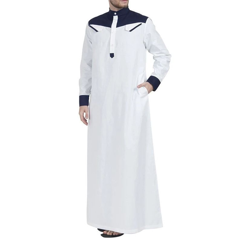 Man's Clothing Muslim Robes Simple Loose Standing Collar Color Patchwork Color Contrast Long-sleeved Men's Jumpsuit_viptrois.com
