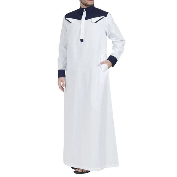 Man's Clothing Muslim Robes Simple Loose Standing Collar Color Patchwork Color Contrast Long-sleeved Men's Jumpsuit_viptrois.com