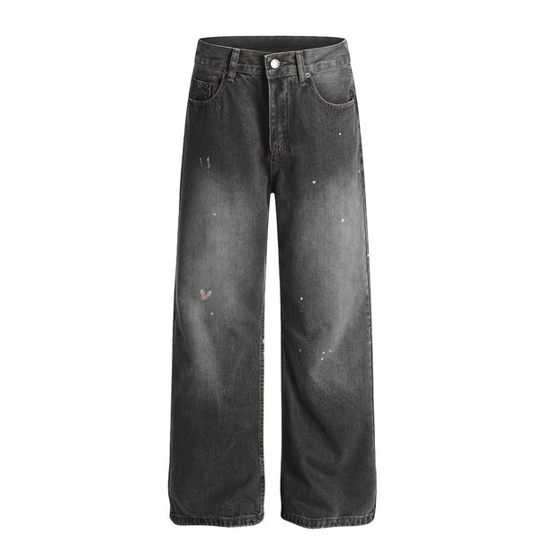 Wasteland Style Punk Washed Straight-Leg Jeans For Men With Paint Splatter, Distressed Edges, And Ripped Wide-Leg Pants_viptrois.com