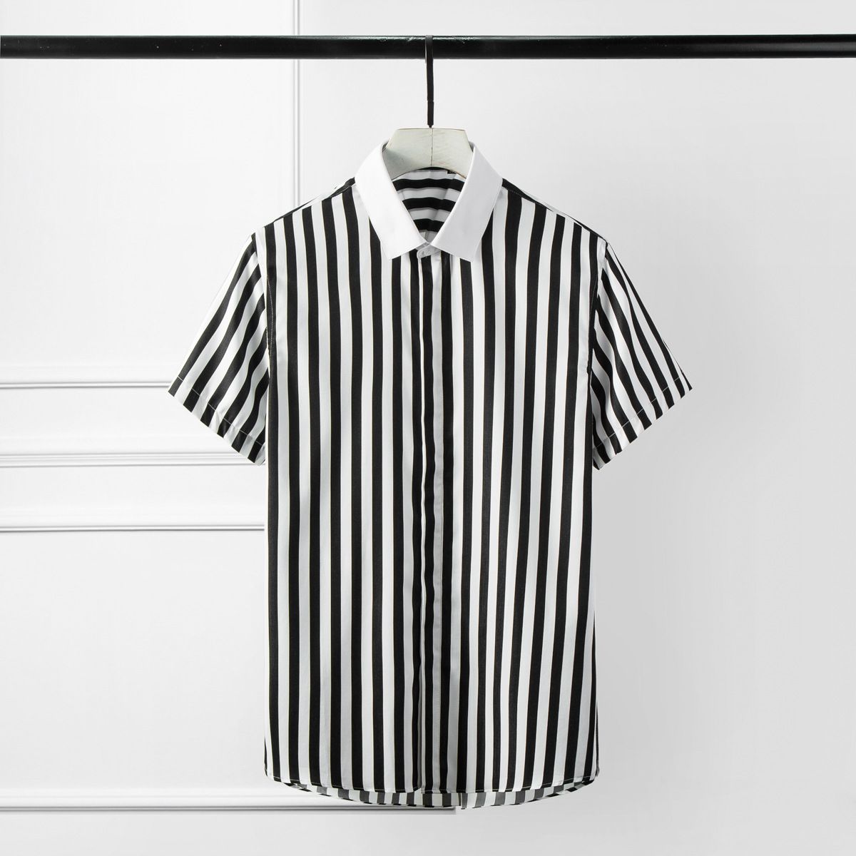 Men's Black & White Striped Tencel Blend Short-Sleeve Shirt – Slim Fit Breathable Business Casual (Sizes 38-48)_viptrois.com