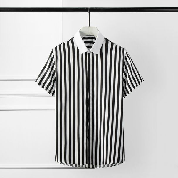 Men's Black & White Striped Tencel Blend Short-Sleeve Shirt – Slim Fit Breathable Business Casual (Sizes 38-48)_viptrois.com