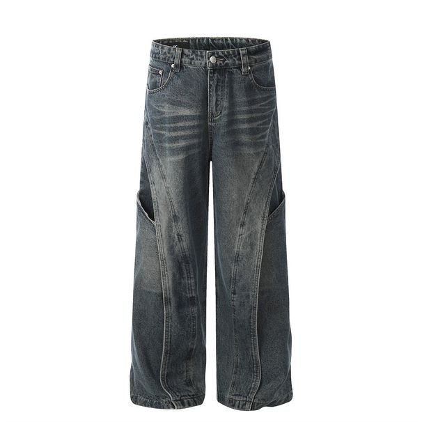 Decontructed Patchwork Deign Wahed Vintage Denim Men' Vibe Trendy Brand Split Peronality Wide-Leg Floor-Length_viptrois.com