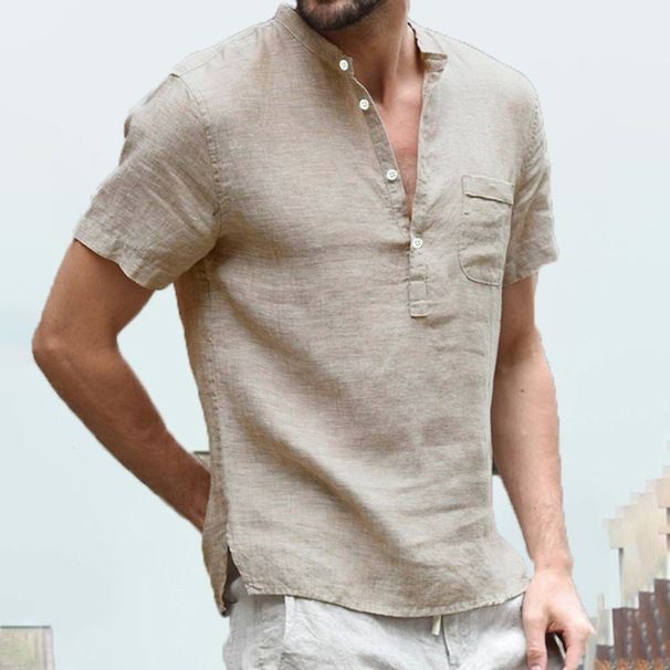 Summer new cotton and linen men's T-shirt stand up collar buckle half open front simple short sleeved shirt S-5XL_viptrois.com