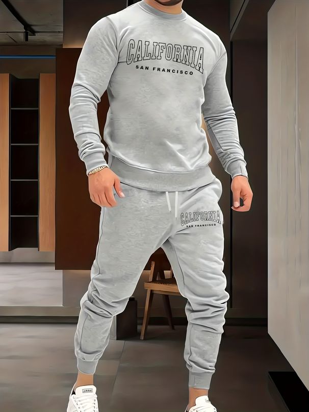 Men's Autumn And Winter Casual Warm Retro Letter California Print Loose Thick Velvet Round Neck Sports Shirt+sports Pants Set_viptrois.com