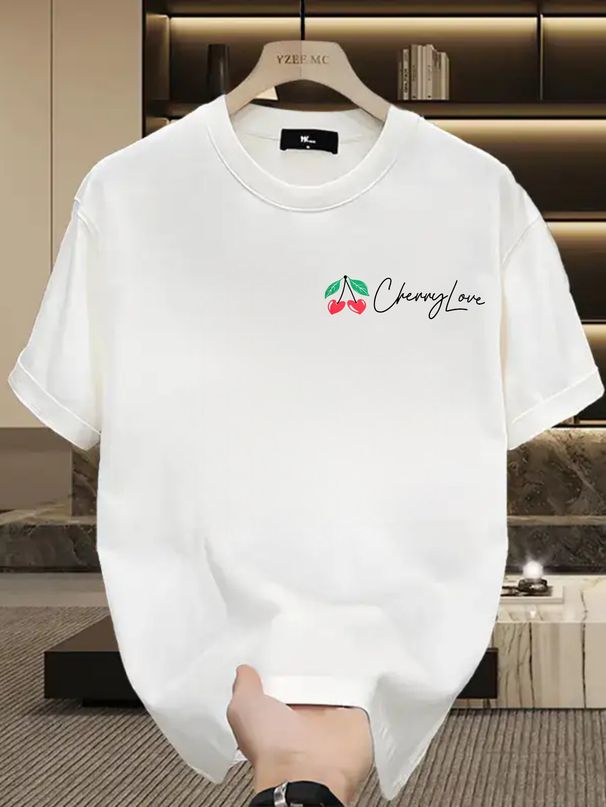 Men's 100% Cotton Short Sleeve T-Shirt With Cherry Love Graphic Logo, Casual Loose Fit, Streetwear Style_viptrois.com