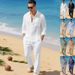 New Linen Autumn Men's Suit - Beach Casual Loose Collar Shirt, Long Sleeves, Long Pants Set For Men_viptrois.com
