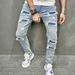 American High Street Fashion Brand Ripped Slim Fit Small Leg Elastic Jeans Men's Pants_viptrois.com
