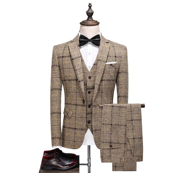 Men's Clothing 2024 New Suit Three-Piece Style Slim British Casual Groom's Wedding Dress Plaid Small Suit For Men_viptrois.com