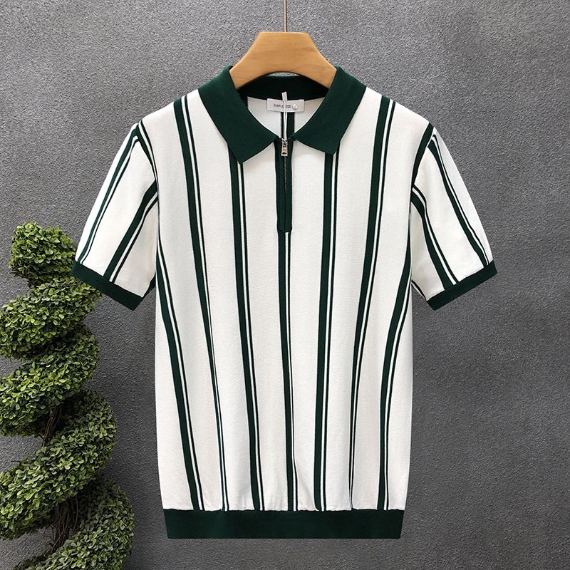 Men's Striped Short-Sleeve Knit Polo Shirt – Slim Fit Breathable Cotton Blend – Black & White Color Options – Sizes M/L/XL/XXL/XXXL_viptrois.com