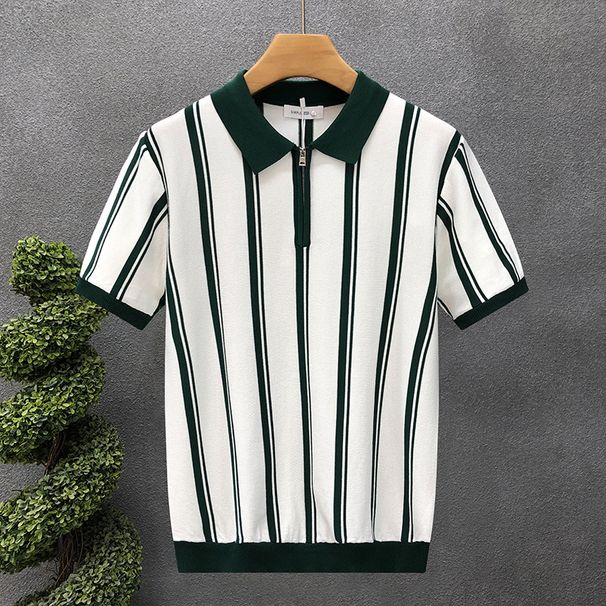 Men's Striped Short-Sleeve Knit Polo Shirt – Slim Fit Breathable Cotton Blend – Black & White Color Options – Sizes M/L/XL/XXL/XXXL_viptrois.com
