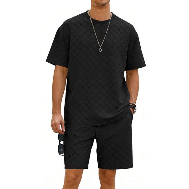 Men's Checkered Print Short Sleeve T-Shirt And Shorts Set - Heavyweight Oversized Drop Shoulder Casual Outfit, Summer Lounge Two-Piece_viptrois.com