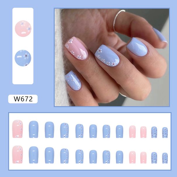 Blue Summer Fresh Nail Art Fashion Small Flower Mid Length Wear Nail Piece Gentle Girl Sweet False Nails_viptrois.com