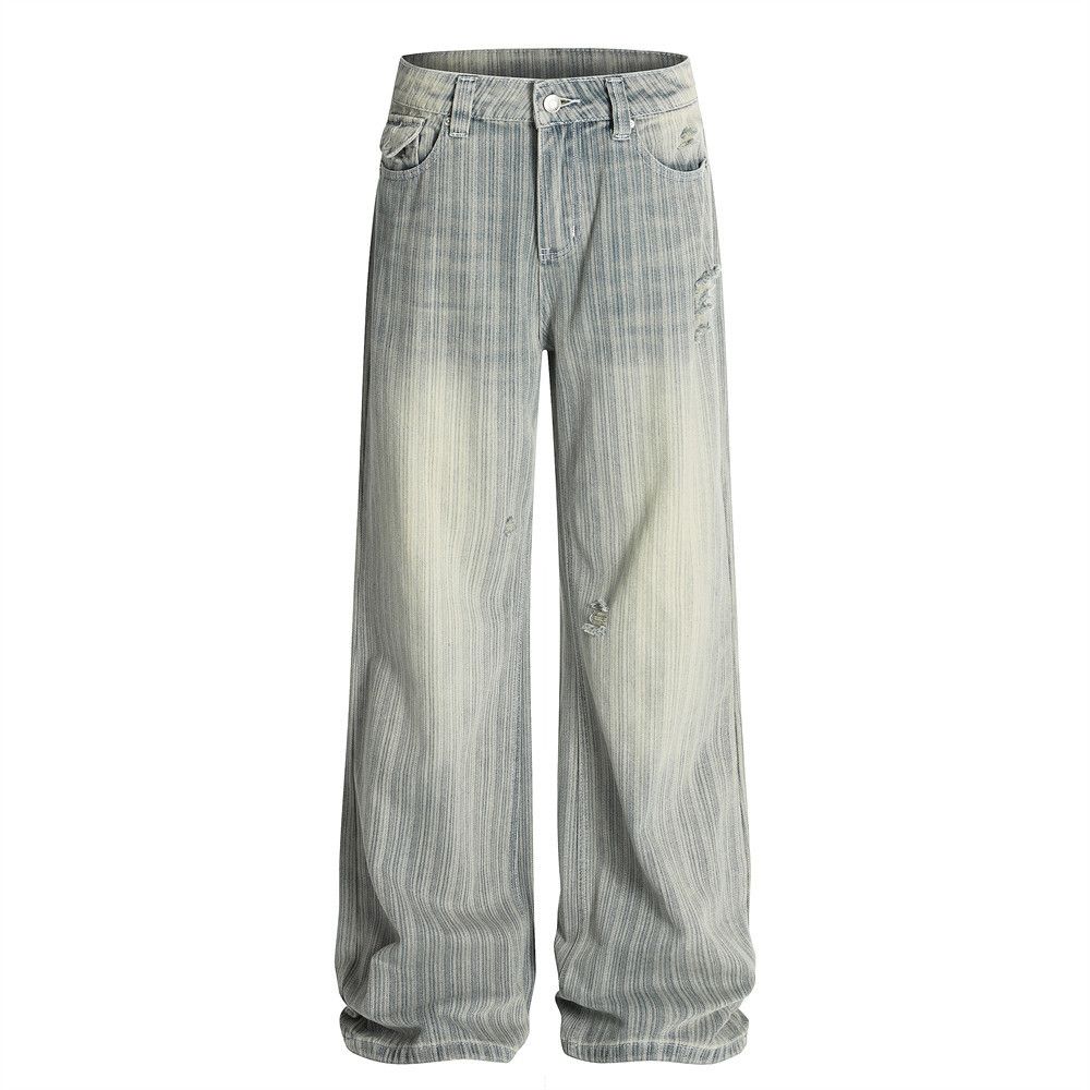 Washed Vertical Striped Ripped Jeans Men's American High Street Vintage Distressed Punk Loose Wide-Leg Straight Long_viptrois.com