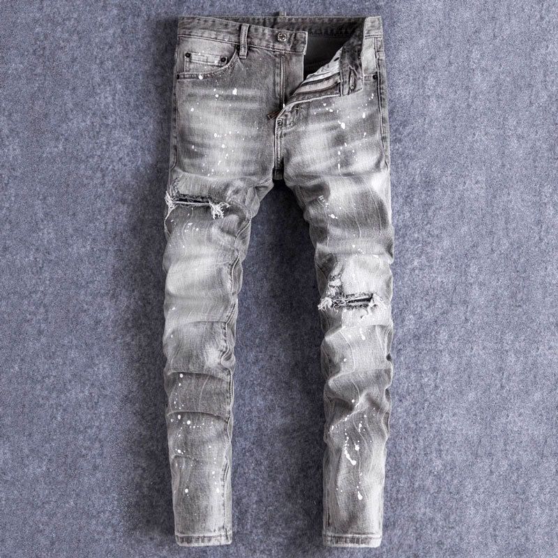 Men's Clothing High Street Fashion Retro Men's Jeans Distressed Gray Washed Ripped Patches Slightly Stretch Slim Fit Skinny Jeans Men's Trendy_viptrois.com