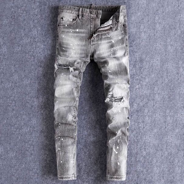 Men's Clothing High Street Fashion Retro Men's Jeans Distressed Gray Washed Ripped Patches Slightly Stretch Slim Fit Skinny Jeans Men's Trendy_viptrois.com