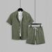 Men's Double Breasted Plaid Cardigan Button Down Short Sleeve Set Summer Fabric Shorts And Short Sleeved Outfit For Men_viptrois.com