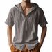 Men's Clothing Summer Thin Breathable Linen Khaki Loose Hooded Short Sleeved Shirt_viptrois.com