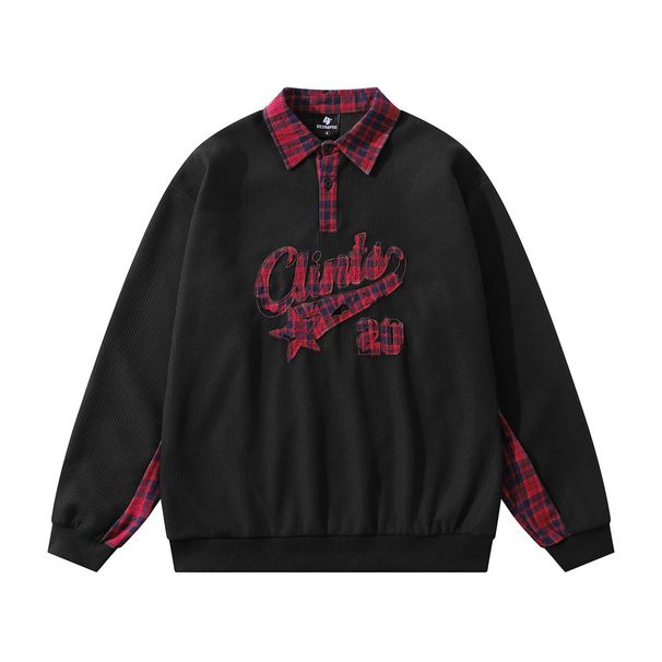 American Style Trendy Brand Patch Embroidery Lapel Sweatshirt Loose Pullover Spring And Autumn Men's Color Contrast_viptrois.com