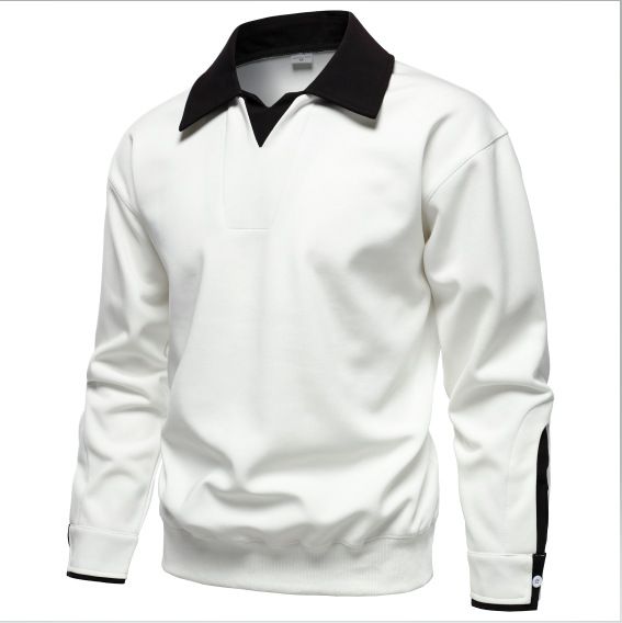 Men's Stylish Autumn Polo Shirt With Layered Collar Design, Long Sleeve Casual Pullover, Trendy Two-Tone Contrast_viptrois.com