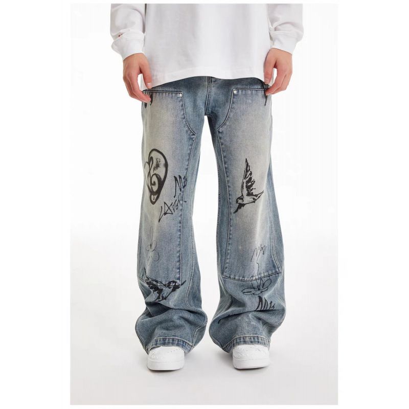 Men's Washed Denim Pants Spring Autumn Swallow New Style Heart Graffiti Print Loose Straight Leg Slightly Elastic_viptrois.com
