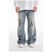 Men's Washed Denim Pants Spring Autumn Swallow New Style Heart Graffiti Print Loose Straight Leg Slightly Elastic_viptrois.com