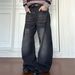 Vintage Black Washed Distressed Jeans 90s Baggy Wide-Leg Denim Pants With Cat Whisker & Crooked Blade Wash, Streetwear High Waist Relaxed Fit_viptrois.com