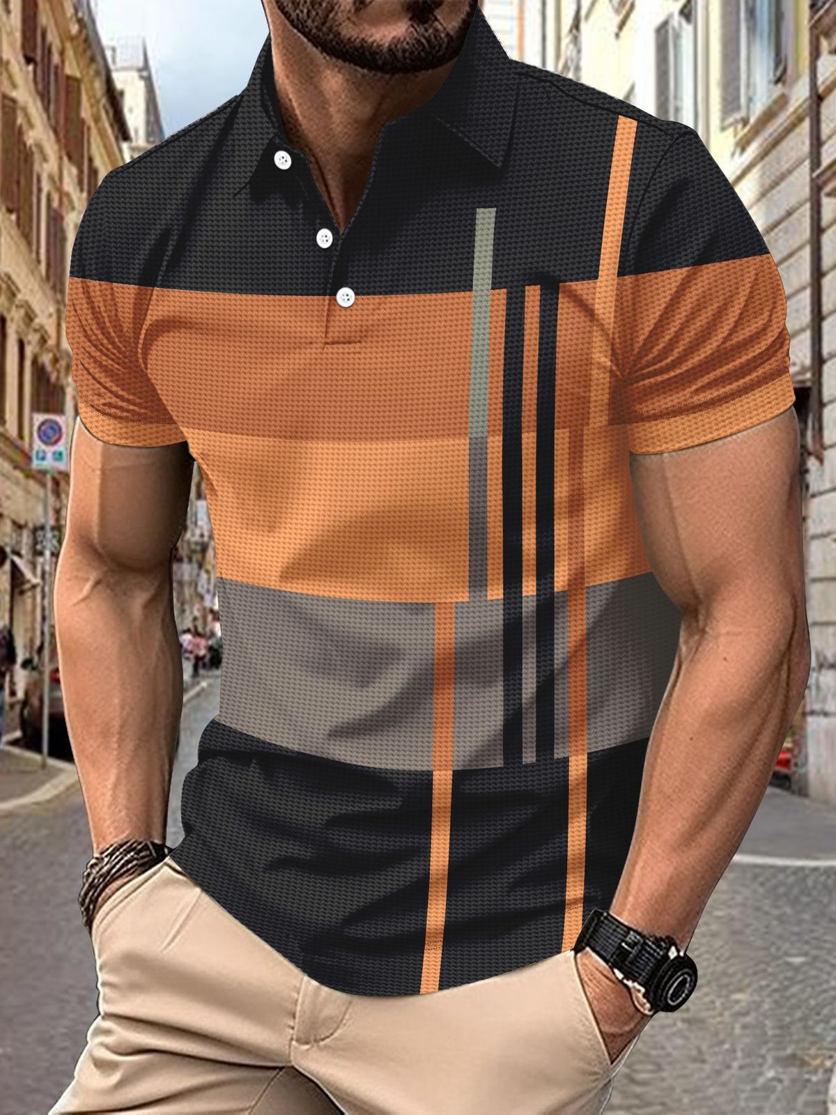 Men's Clothing Summer European And American Men's Daily Casual Striped Print Lapel Short Sleeved Polo Shirt_viptrois.com