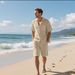 Men's Clothing Summer Linen Solid Color Lapel Button Casual Breathable Short Sleeved Shirt Beach Suit_viptrois.com