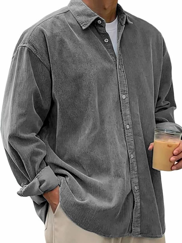 2025 European And American Men's Casual Loose Solid Color Corduroy Lapel Shirt_viptrois.com