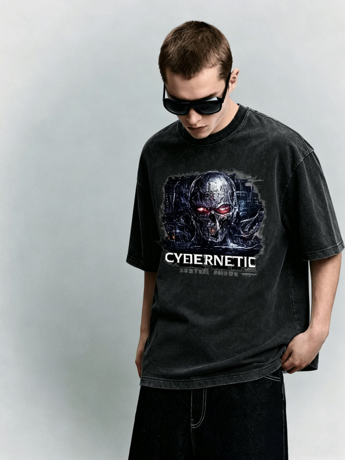 Cyber Skull Heavyweight Washed Graphic T-Shirt Men's Oversized Streetwear Tee_viptrois.com