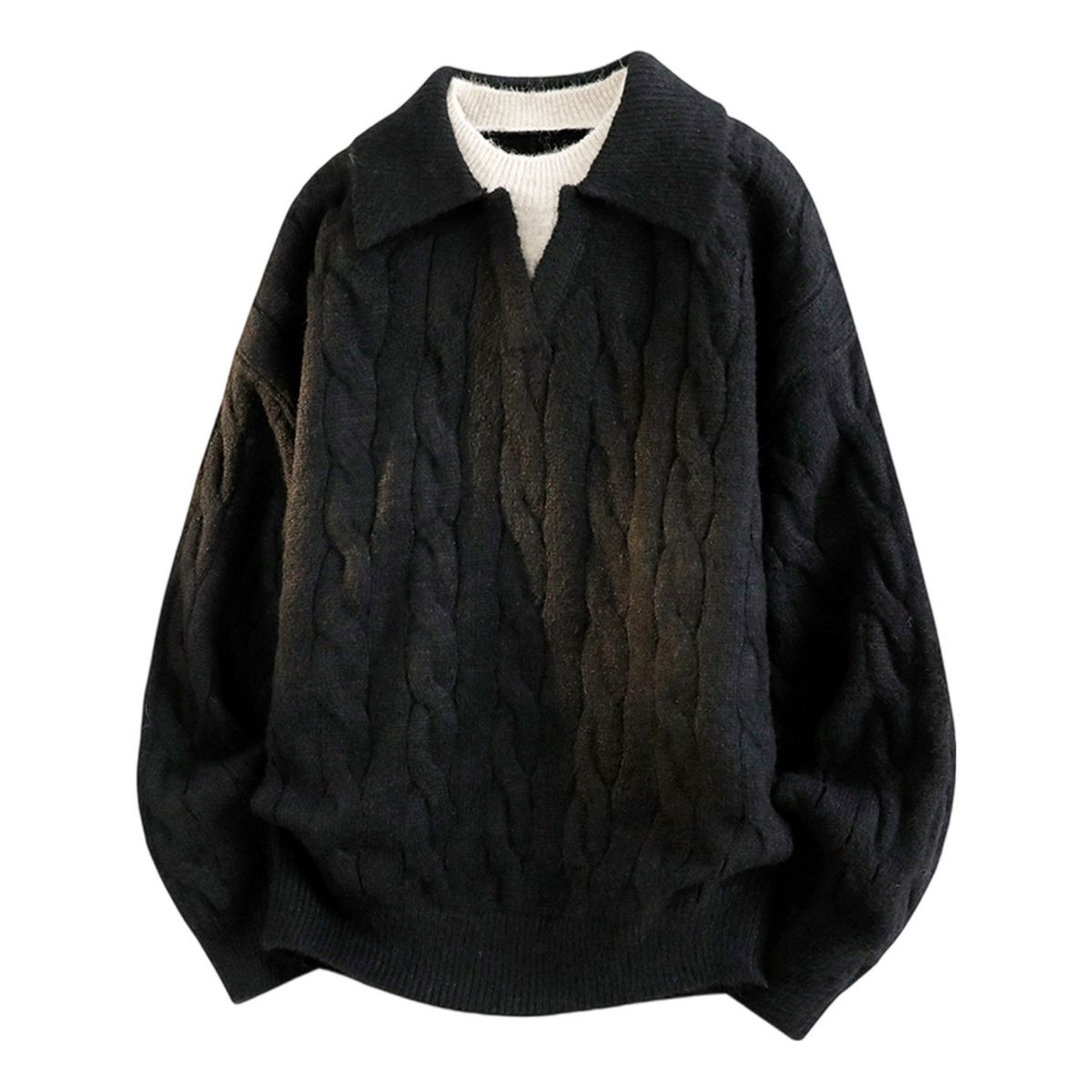 Men's Oversized Cable Knit Sweater – Preppy Style Mock Two-Piece Design, Comfort Fit For Sizes_viptrois.com