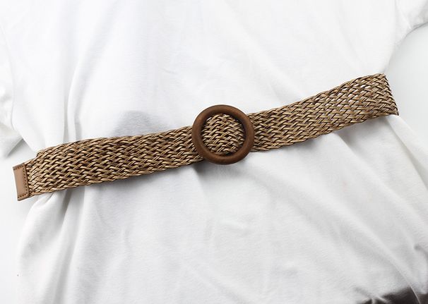 The new Korean version of cotton and hemp wind woven belt women's round wooden buckle dress gown decoration belt_viptrois.com