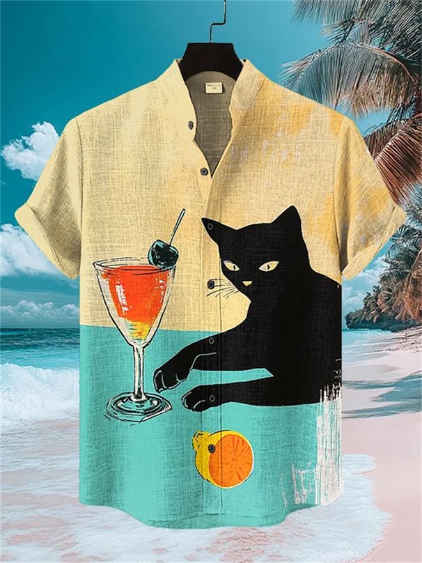 Camisa De Manga Corta Para Hombre Con Estampado De Gato, Cuello Alto, Top Informal De Un Solo Pecho Para Hombre, Camisa Hawaiana Moderna Y Elegante._viptrois.com