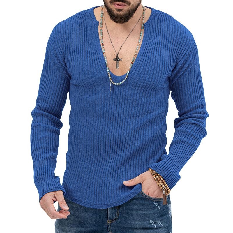 Men's Clothing Trend Spring And Autumn Deep V Neck Men's New Solid Color Knitted Long Sleeved Shirt_viptrois.com
