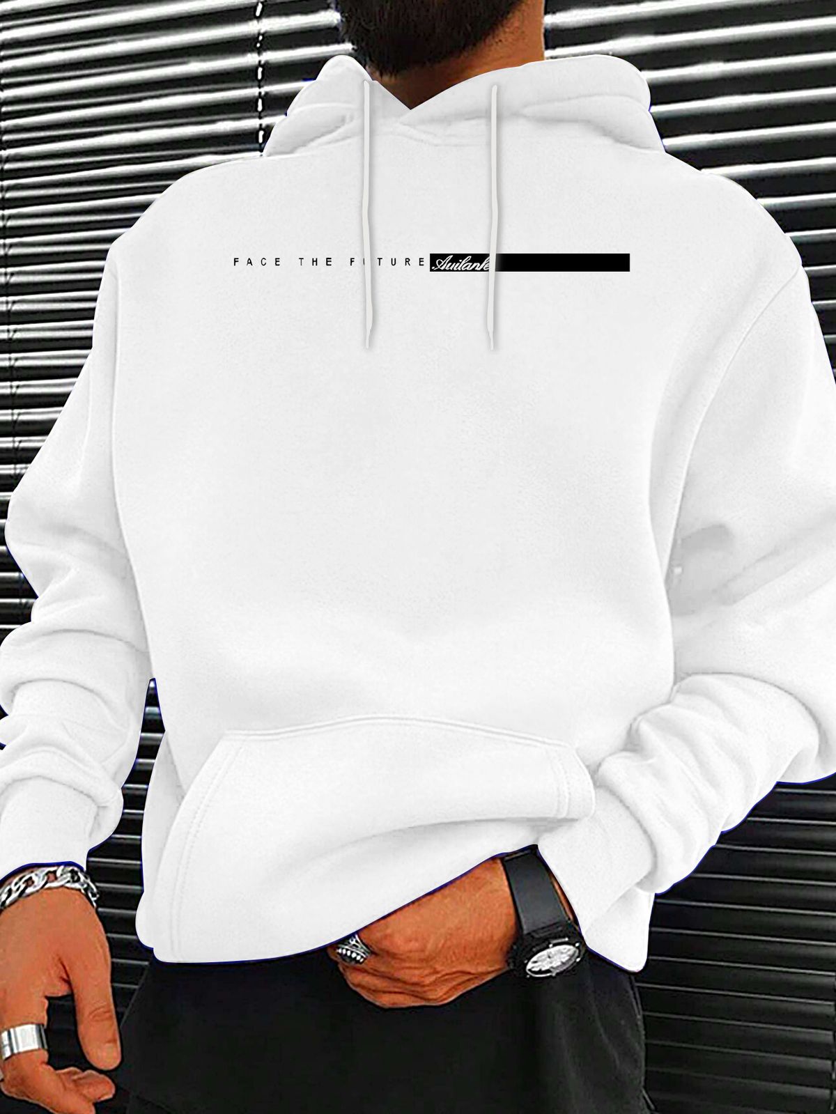 Men's Autumn And Winter Casual Fashion Loose Hooded Sweatshirt FACE THE FUTURE Letter Pattern Printed Warm Long Sleeved Pullover_viptrois.com