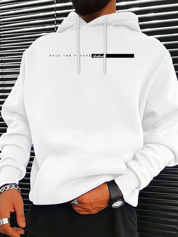 Men's Autumn And Winter Casual Fashion Loose Hooded Sweatshirt FACE THE FUTURE Letter Pattern Printed Warm Long Sleeved Pullover_viptrois.com