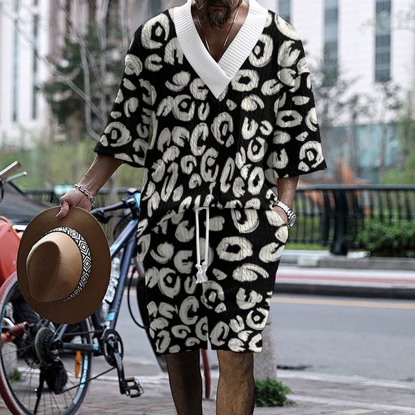 Men's Clothing Graffiti Print Three Quarter Sleeved Shorts Oversize Drop Shoulder Casual Suit_viptrois.com