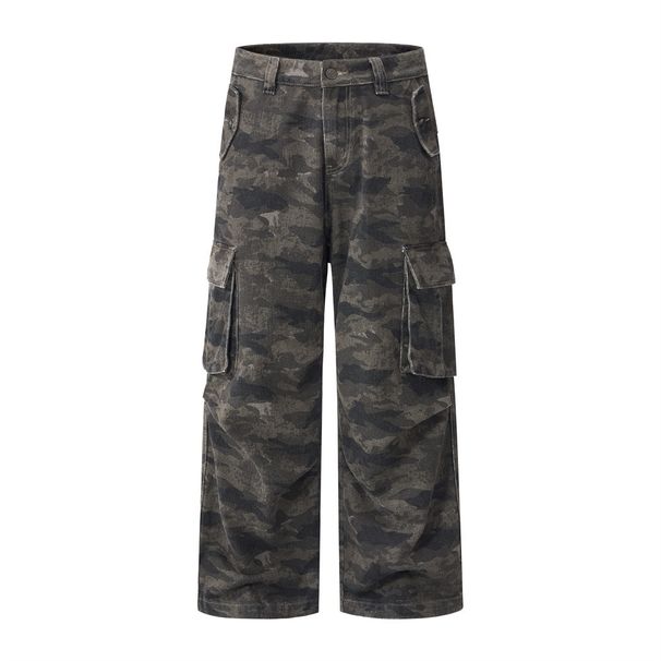 American Style Workwear Camouflage Street Fashion Punk Loose Jeans Men's Multi-Pocket Straight Pants With Pleated Design_viptrois.com
