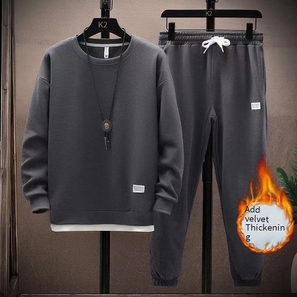 Men’s Waffle Fleece Hoodie & Joggers Set – Thickened Winter Outfit, Oversized Fit, Casual Streetwear (M-5XL, Black/Gray/Beige/Blue/White, Polyester)_viptrois.com
