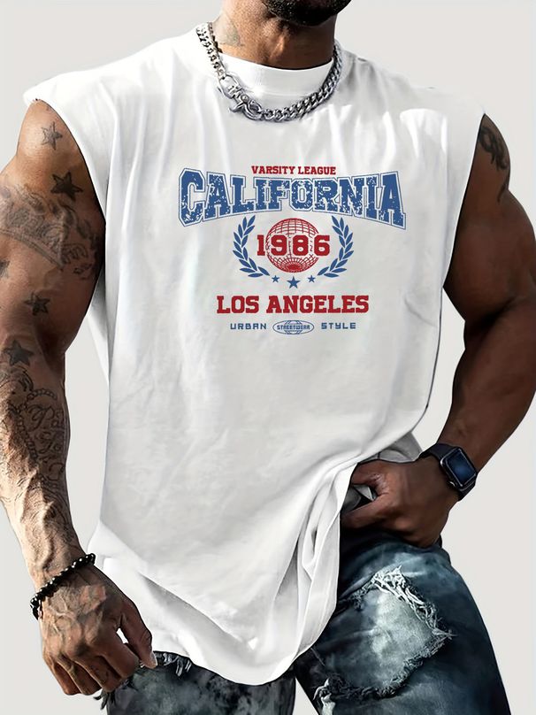 100% Pure Cotton Men's Summer Casual Sports Fitness Loose California Letter Pattern Printed Breathable Round Neck Sleeveless Vest_viptrois.com