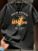 Summer Washed Cotton T-Shirt, Men's Palm Estate Miami Florida Sunset Print, Retro Coastal Vacation Style, Casual Oversized Tee_viptrois.com