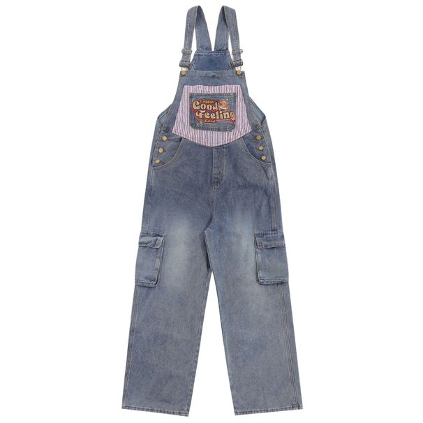 Man's clothing Vintage embroidery patchwork striped pocket cargo jumpsuit denim suspenders for men and women_viptrois.com